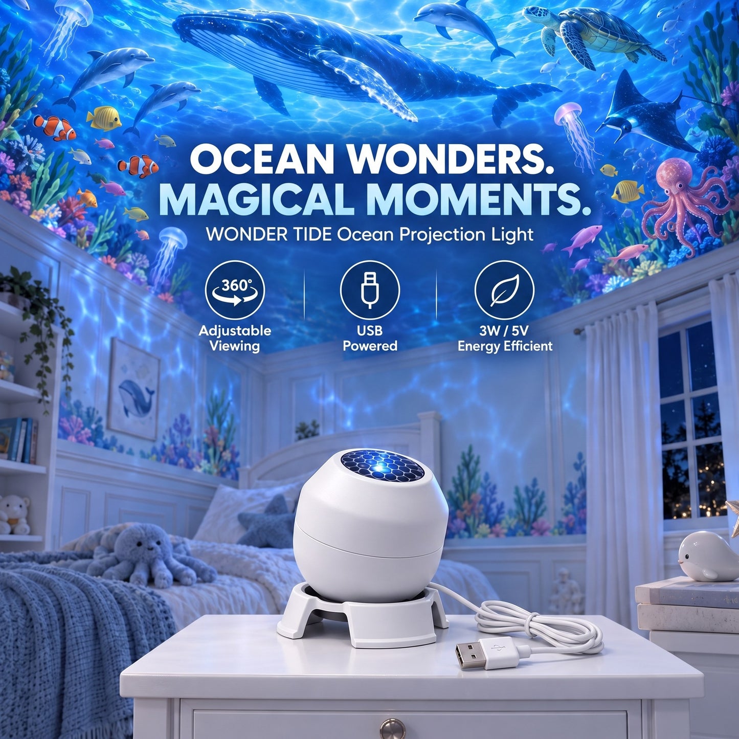 Wonder Tide ocean projection light in a kids bedroom